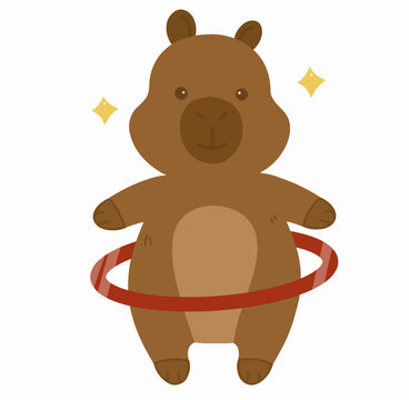 Funny capybara character exercising with red hula hoop illustration