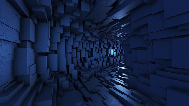 Navigating abstract digital tunnel in vibrant neon cyber space Dark digital landscape glowing data blocks and blue light creating vast cyber terrain with depth, scale and immersive technology mood