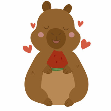 Adorable capybara character eating watermelon with red hearts illustration