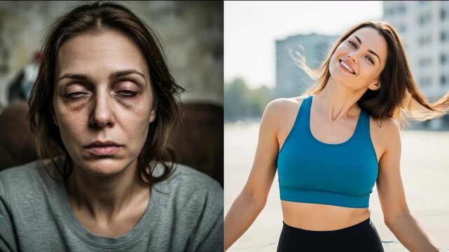 Physical transformation, choice, lifestyle impact; face reflecting effects of drug and alcohol abuse, unhealthy habits; contrast with vibrant woman, healthy lifestyle, wellness, vitality