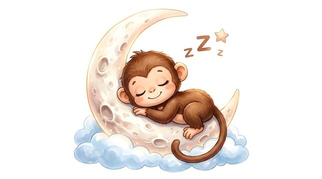 Cute monkey sleeping on the moon clip art adorable illustration for children's designs dreamy concepts