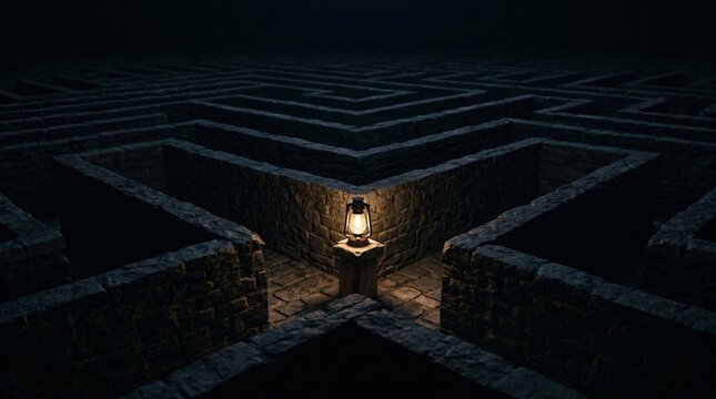 Lantern shining at the end of a dark stone maze. Concept of searching for a solution, finding hope in a difficult situation, and overcoming obstacles in life path and decision.