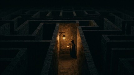 Fototapeta premium Man walking in dark stone maze with lantern. Traveler exploring mystery labyrinth. Searching for exit, concept of mystery, adventure, path, solitude and looking for solutions.
