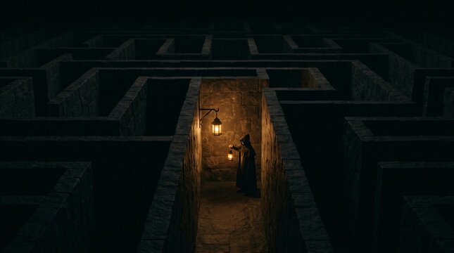 Man walking in dark stone maze with lantern. Traveler exploring mystery labyrinth. Searching for exit, concept of mystery, adventure, path, solitude and looking for solutions.