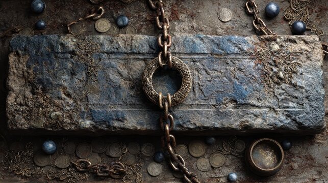 Flatlay of drowned royal relics on weathered stone table with corroded crown fragment, iron chain, scattered dark pearls and coins, top-down view, dramatic abyssal blue and tarnished gold composition