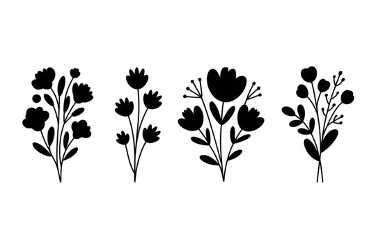 Four stylish black and white floral bouquets with different flower designs Vector