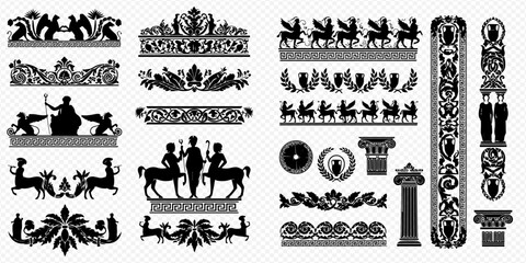 Ancient Greek and Roman architectural ornaments, borders, and decorative elements vector set. © Adji