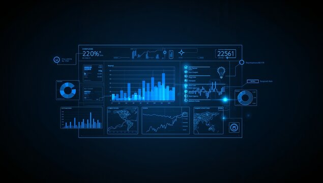 Blue futuristic user interface with graphs and charts