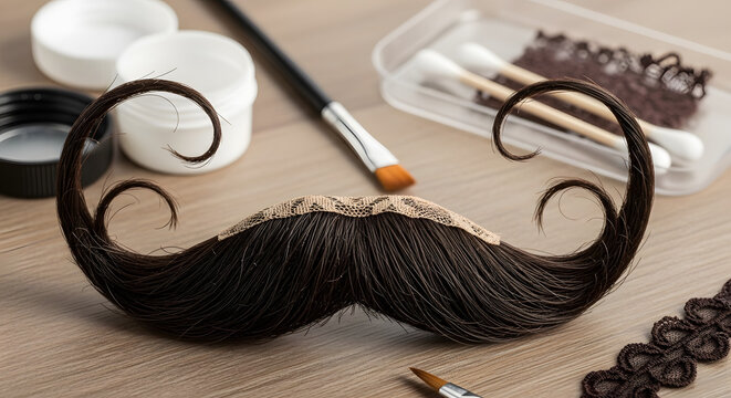A fake mustache on a table with brushes and other craft tools, a close-up with fine details, natural lighting, theatrical, art. Generated with AI