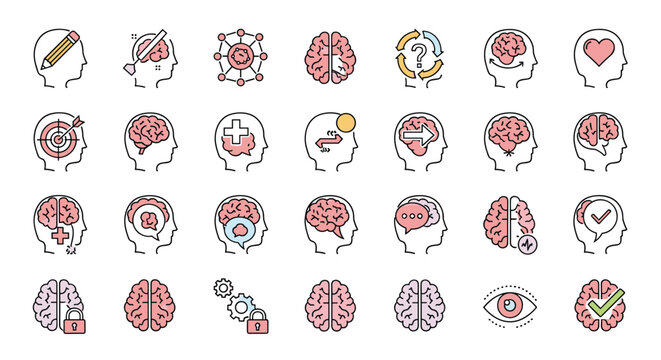 Extensive collection of mental health and cognitive icons depicting brain activity, psychology, memory, and emotional well-being.