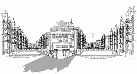 Obraz premium Stylized ink drawing of a historic European canal cityscape with ornate buildings and bridges