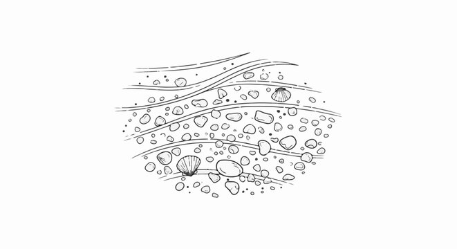 Stylized illustration of waves over shells and pebbles in a circular frame