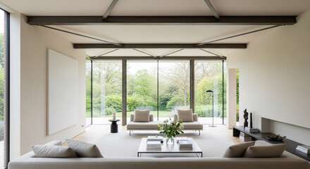 Fototapeta premium Modern minimalist living room with floor to ceiling glass walls, industrial steel ceiling beams in luxury home interior, spacious open plan lounge with beige furniture and garden view Glass
