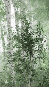 Tall trees with white bark stand in a forest. The leaves are bright green. Fog lingers in the background, creating a soft light in the early morning hours as nature awakens.
