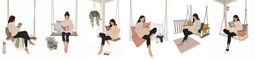 Collection of illustrations showing a pregnant woman relaxing on various porch swings while reading books about baby care and infant health.