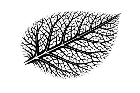 Intricate illustration of a leaf skeleton showing detailed venation pattern with black and white skeleton venation structure illustration monochrome detailed background