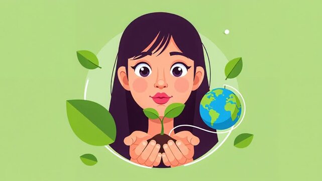 Young Woman Holding Small Plant with Earth Globe Illustration 4K Video