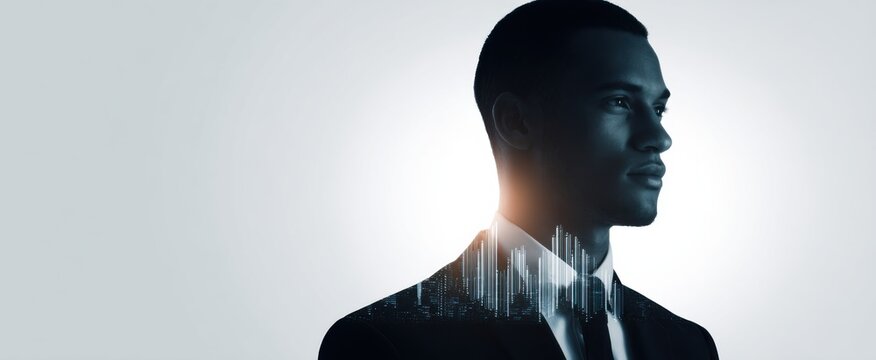 Double-exposure silhouette of a professional radiating ambition through technology and career success