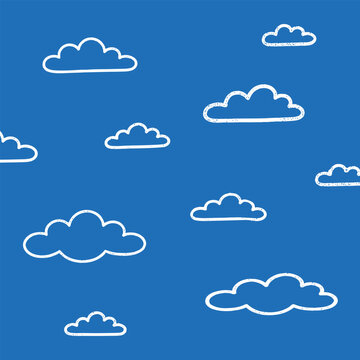 Collection pack bundle of editable doodle clouds. Minimalist white vector outline clouds on blue sky background. Clean doodling line art graphic elements and vector illustration clouds layout