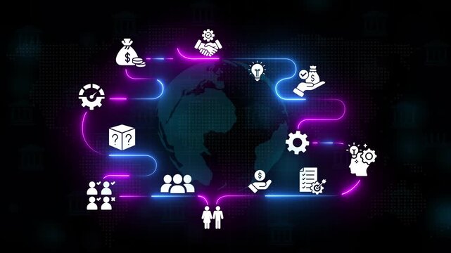 Global business strategy and digital transformation infographic with neon network connections