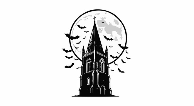 Spooky church tower silhouetted against a full moon with bats flying