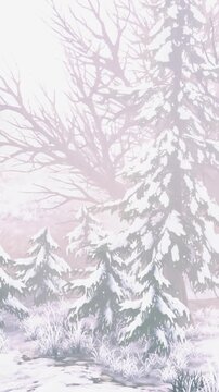 Snow covers the ground and tree branches in a winter landscape. Visibility is low due to mist. The scene shows different types of trees in a natural environment.