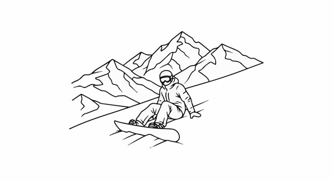 Snowboarder pauses on a snowy mountain slope with peaks behind