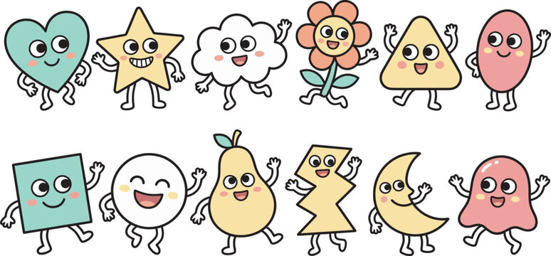 Colorful cartoon shapes and objects with smiling faces .Abstract funny characters set.