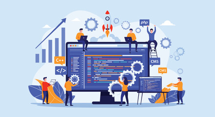 Obraz premium Group of software developers working together to build a website and application with coding elements and rocket launch symbols for growth.