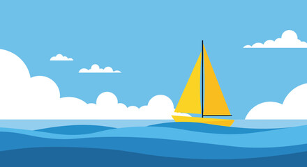 Naklejka premium Simple and serene vector illustration of a yellow sailboat gliding across calm blue ocean waves under a clear sky with soft white clouds.