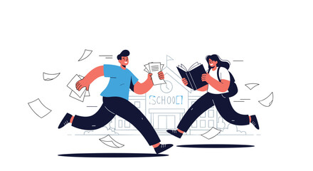 Obraz premium Happy male and female students running excitedly toward their school building with books and papers flying in the air after a long break.