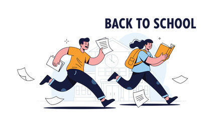 Fototapeta premium Energetic students in casual clothes running toward school building with books and flying papers celebrating the start of the academic year.