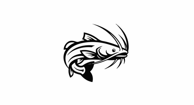 Stylized black and white illustration of a catfish with long whiskers