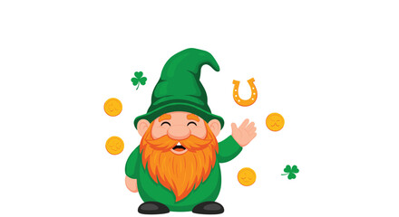 Fototapeta premium Cheerful cartoon leprechaun waving and surrounded by lucky gold coins, shamrocks, and a golden horseshoe symbol.