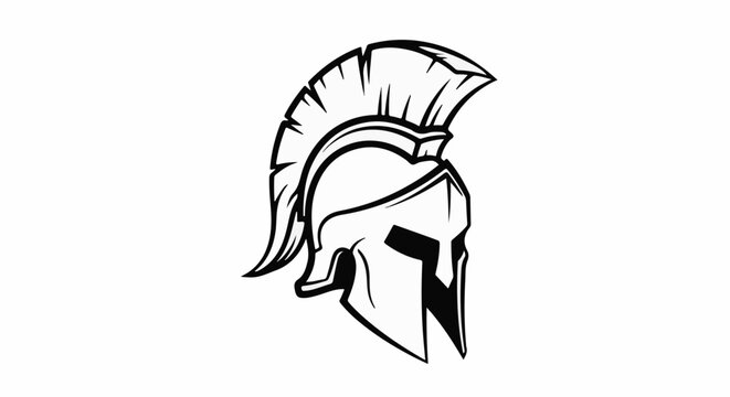 Stylized black and white depiction of a warrior's helmet with a crest