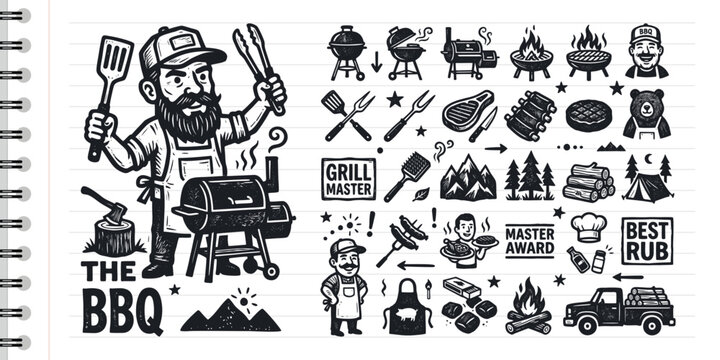 Vintage Woodcut BBQ Icon Set with Bearded Chef Grill Tools and Camping Elements