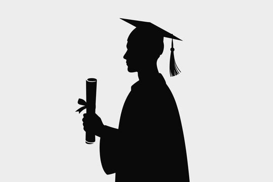 Graduation Silhouette: A Black & White Profile of a Graduate in Cap and Gown Holding a Diploma Scroll, Celebrating Achievement and Academic Success in a Minimalist Studio Setting, Symbolizing Educatio