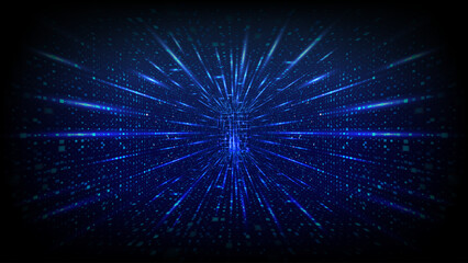 Fototapeta premium Modern data center with neon blue grid lines creating digital tunnel perspective. Abstract tech background with glowing data streams and futuristic network design. Technology vector illustration.