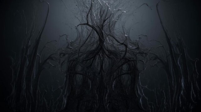 Dark mystical forest with twisted tree branches.