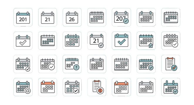 Large set of calendar icons showing different dates, checkmarks, and symbols for effective planning and event management.