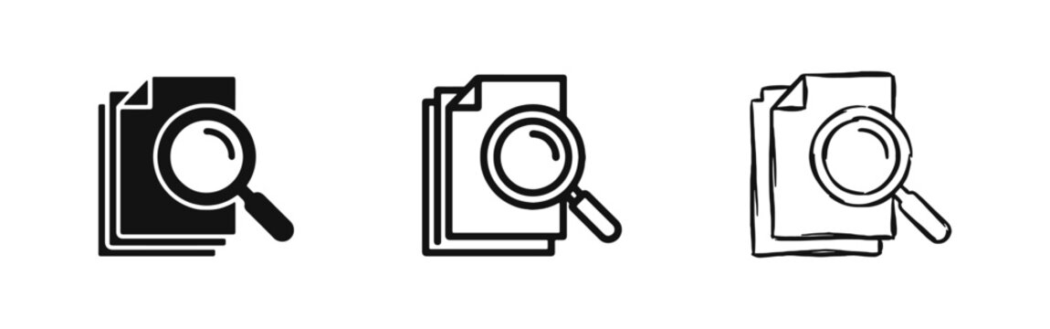 Document search icon with magnifying glass over a stack of papers for file audit, analysis, and research.