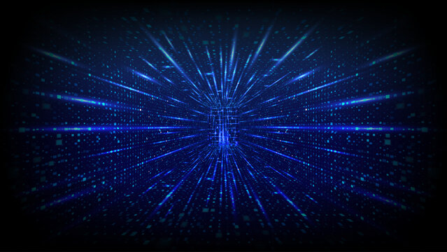 Modern data center with neon blue grid lines creating digital tunnel perspective. Abstract tech background with glowing data streams and futuristic network design. Technology vector illustration.
