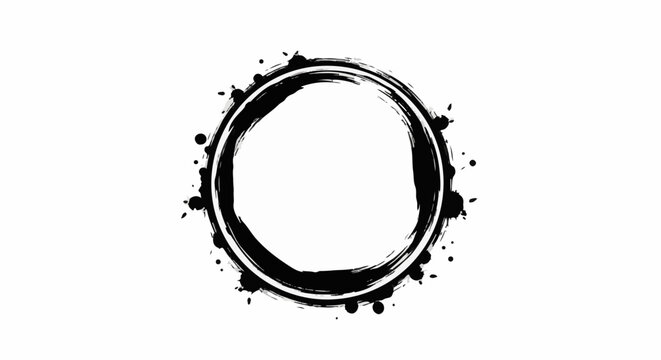 A black ink brush stroke circle with splatters on a white background