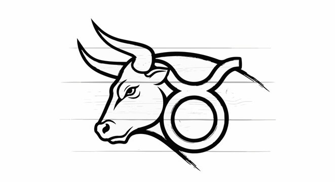 Stylized bull head with astrological symbol on wood grain background