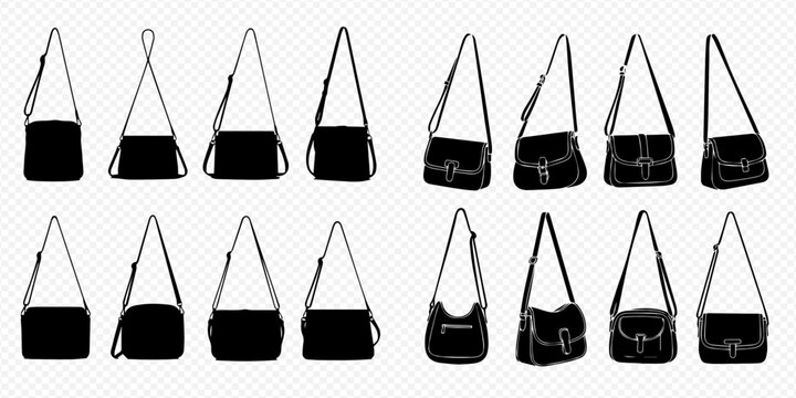 Set of black silhouettes of fashionable women's shoulder bags and handbags with long straps.