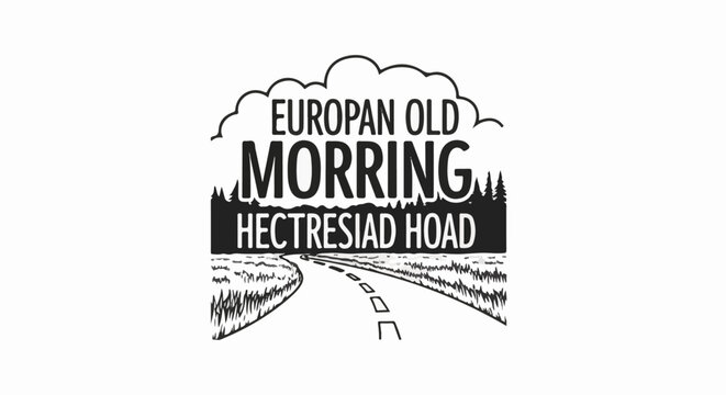 Stylized landscape with a winding road and text under clouds