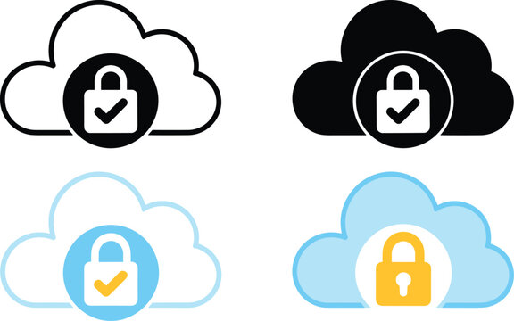 Set of four cloud security icons: outline cloud with black lock and checkmark, solid black cloud with white lock and checkmark, light blue cloud with blue lock and yellow checkmark, and light blue clo