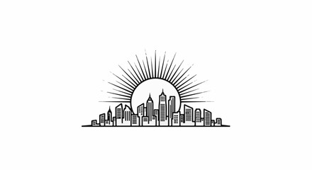 Naklejka premium Stylized black and white outline of a city skyline with a sunburst behind it