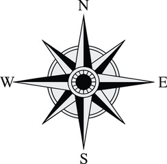 Fototapeta premium Classic compass rose symbol with cardinal directions N, S, E, W prominently displayed, representing navigation, exploration, and direction finding; abstract concept of guidance, discovery, and journey