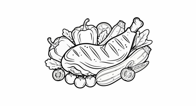 A line drawing displays grilled meat, peppers, tomatoes, and zucchini